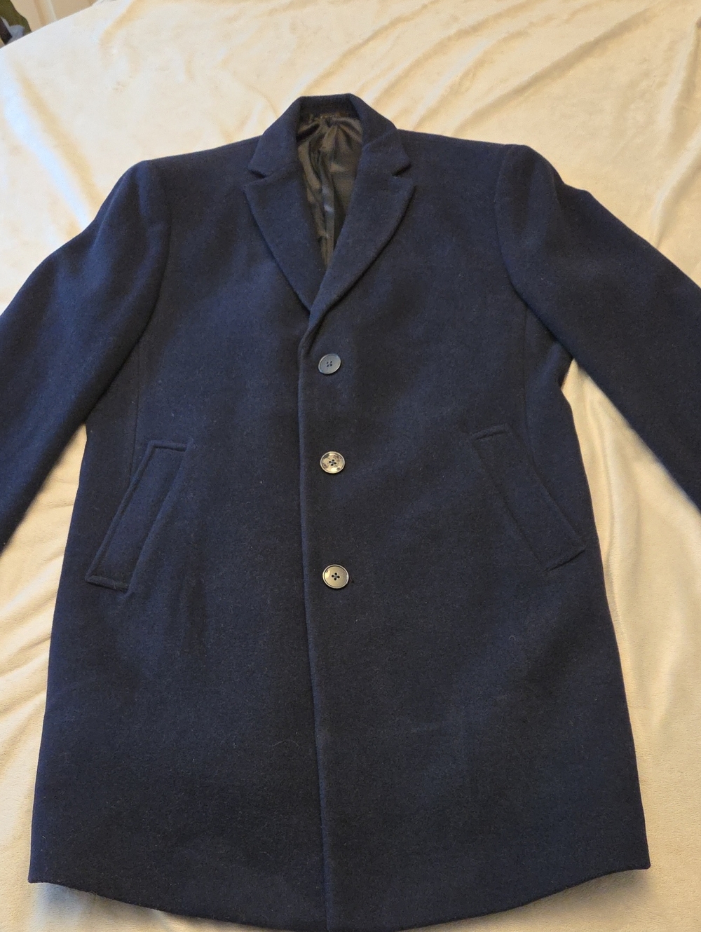 Long Wool Overcoat, Calvin Klein, Size 42L, Navy Blue